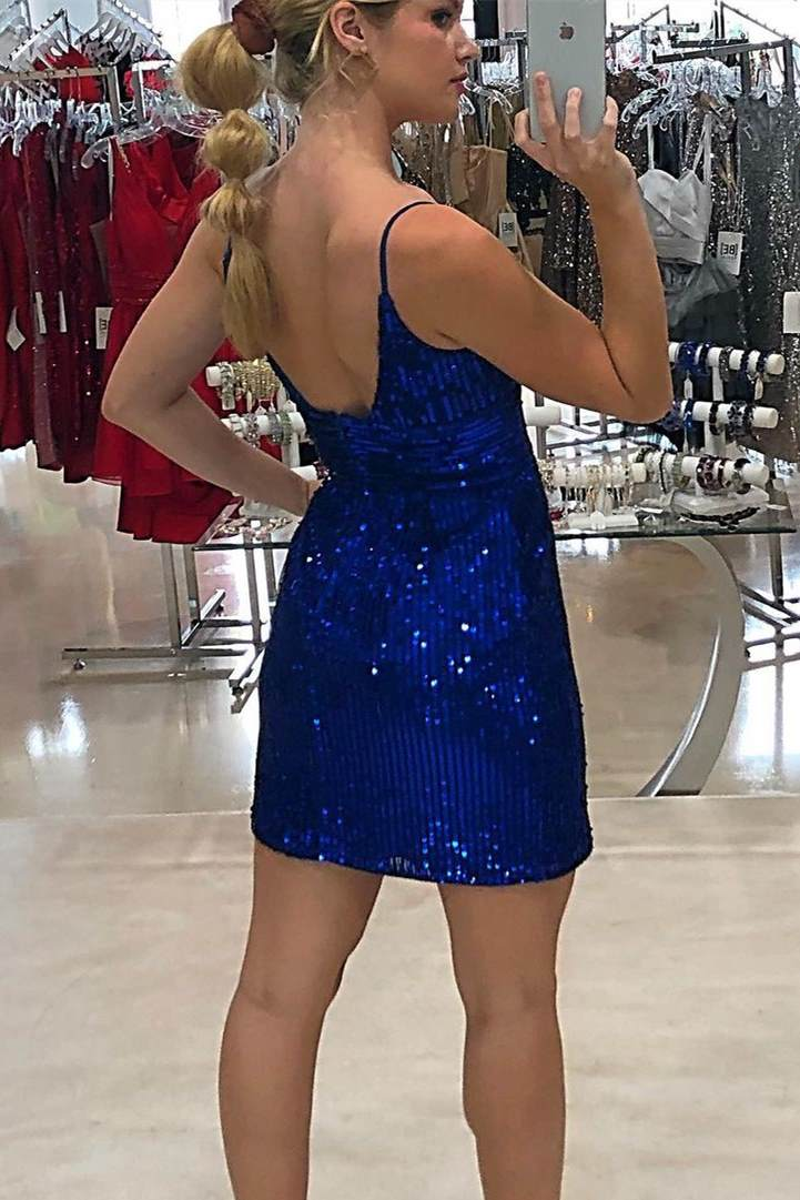 Royal Blue Sequins Bodycon Mini Dress with Straps gh1503