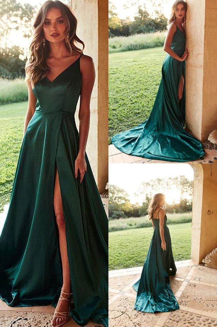 Green satin long prom dress A line evening dress gh1106