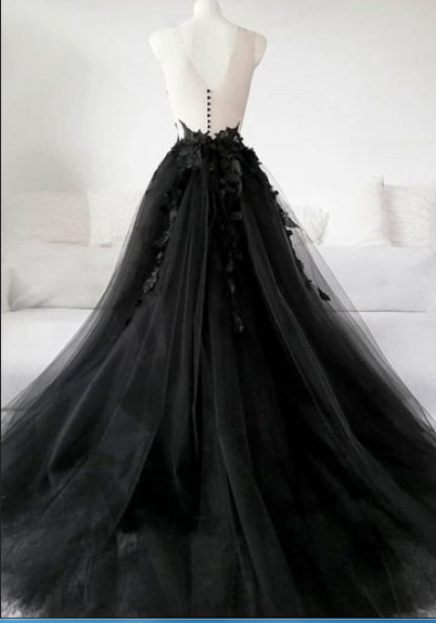Unique Black Tulle V Neck Sheer Back Lace Applique Evening Dress, Formal Dress gh1077