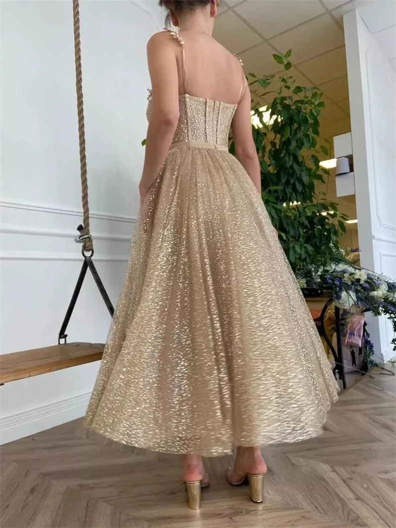 Gold sequin tulle corset fairy starlight gown long ball gown evening dress gh1047