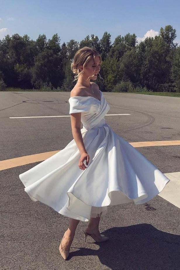 A Line Ankle Length Homecoming Dress, Ivory Off Shoulder Satin Short Wedding Dresses gh1630