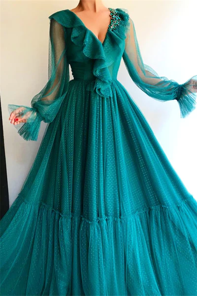 CHIC LONG SLEEVESS V-NECK PROM PARTY GOWNS| AFFORDABLE BEADING GREEN LONG PROM PARTY GOWNS gh1832