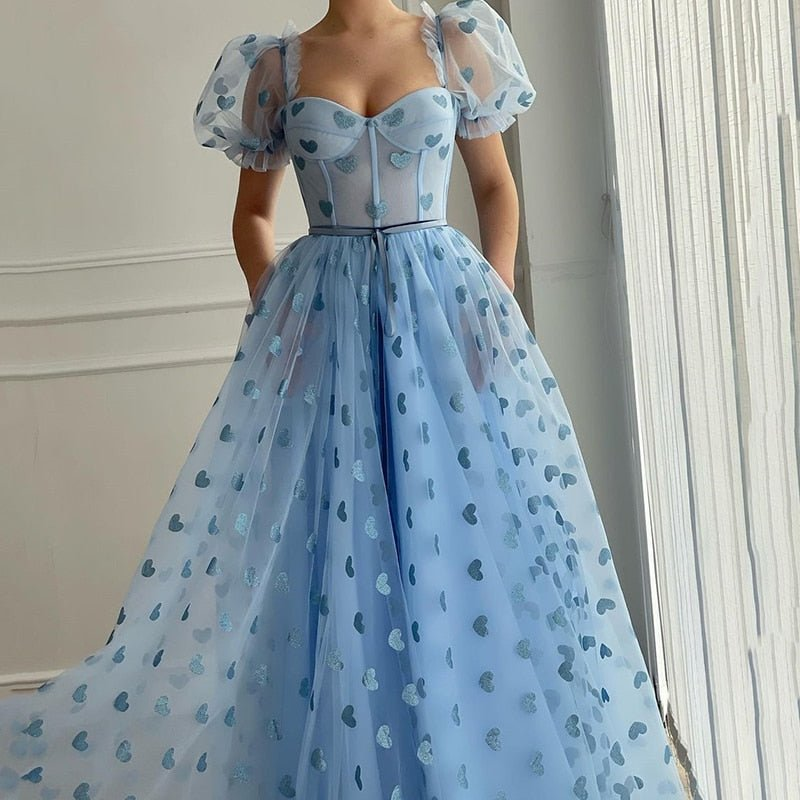 Baby Blue Long Prom Dresses with Pocket Hearty Short Sleeve Pageant Formal Evening Party Dresses Floor Length gh1833