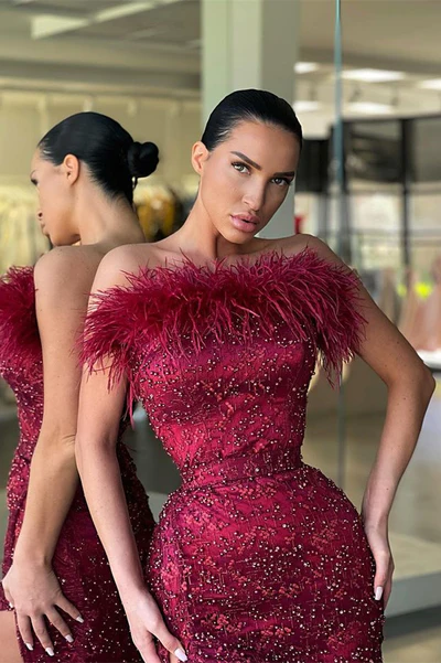 Burgundy off the shoulder mermaid long evening gown ball gown with slits sequins beads feathers gh186