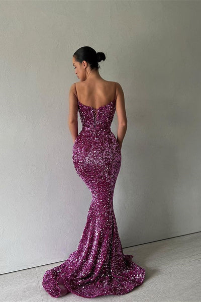 SPARKLE PURPLE SPAGHETTI STRAP SEQUIN MERMAID LONG PROM DRESSES gh1866