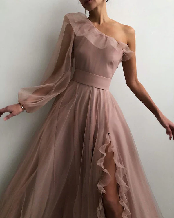 Charming One-Shoulder A-Line Sexy Slit Sleeves Prom Dresses gh1840