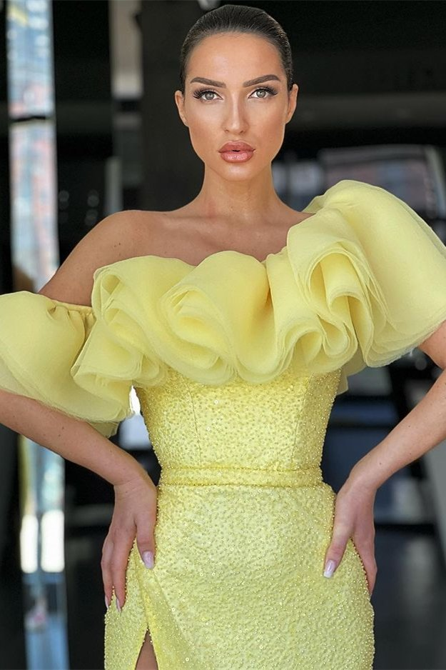 Stunning Daffodil Off-the-Shoulder Mermaid Prom Dress Long Split Sequins  gh1906
