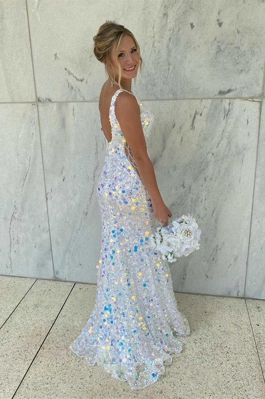 White colorful shiny elegant exquisite sequins sexy v neck long side beading mermaid slim fit floor length train prom dress evening gown party dress gh1855