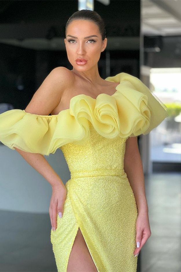 Stunning Daffodil Off-the-Shoulder Mermaid Prom Dress Long Split Sequins  gh1906