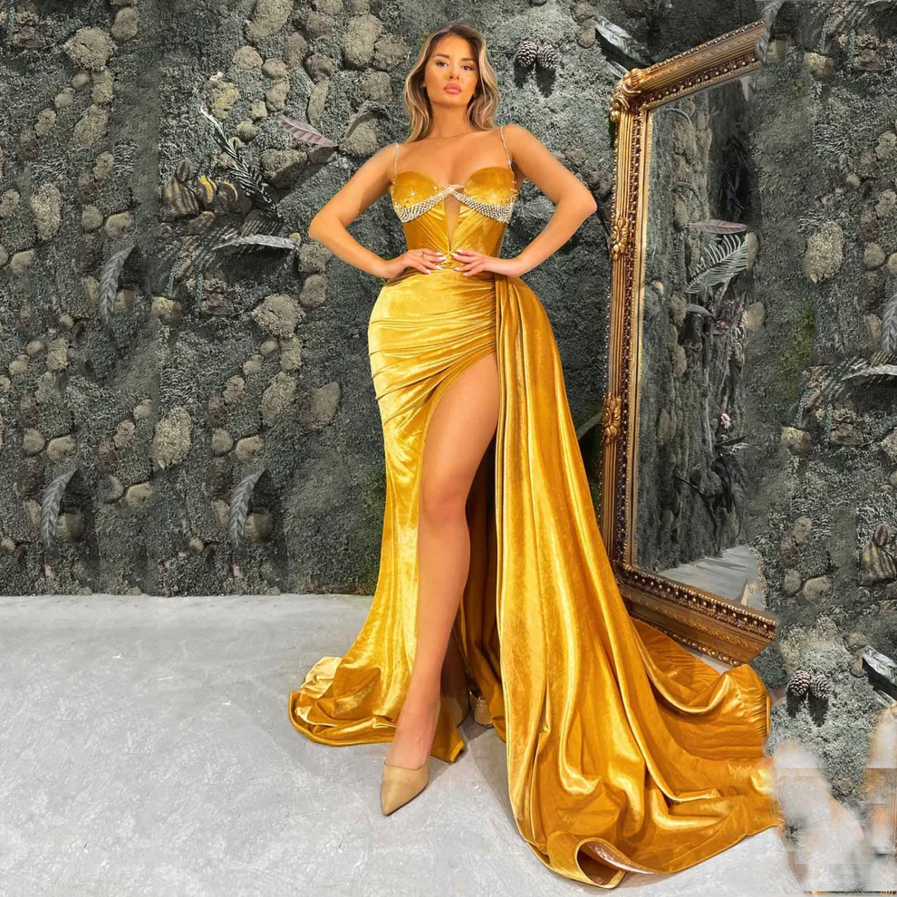 Spaghetti Sweetheart Beaded Prom Dresses with Flutter Sexy High Side Split Long Cocktail Party Women Wear Evening Formal Gowns gh1997