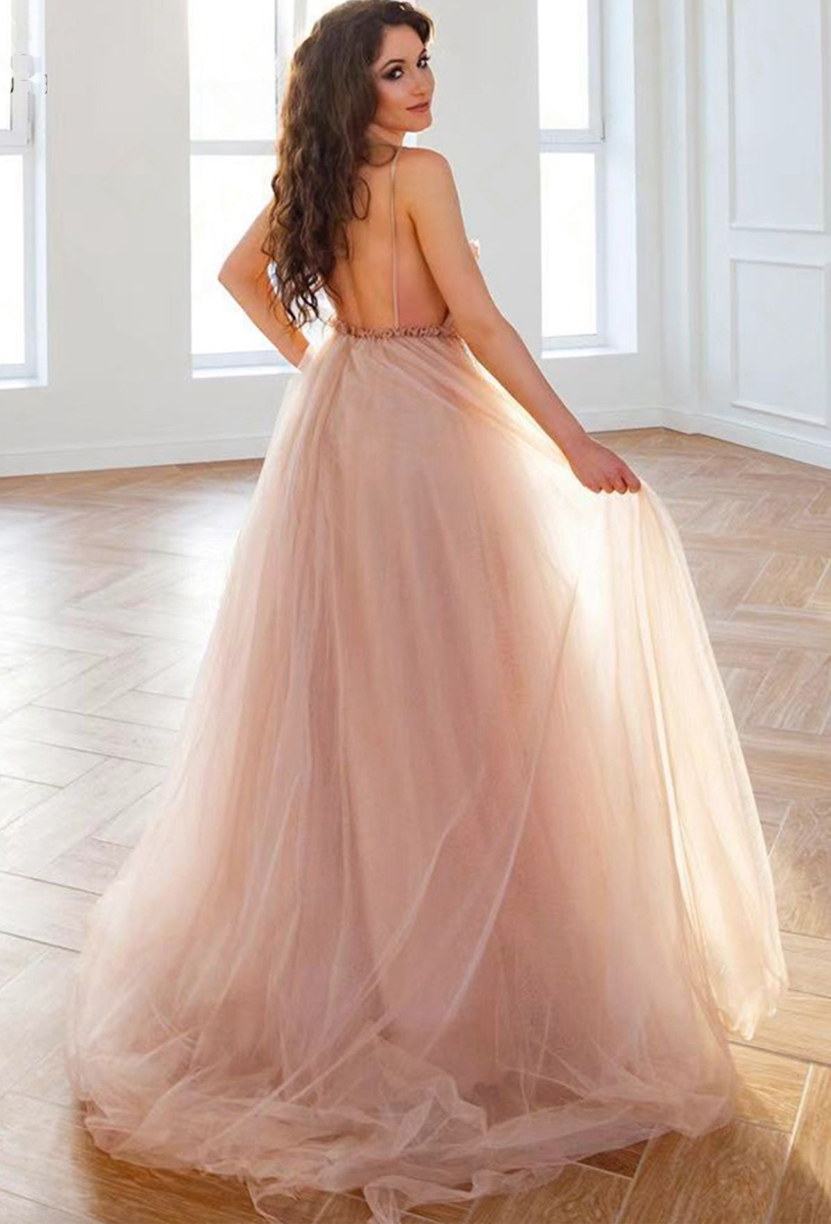 STYLISH V NECK TULLE LACE LONG PROM DRESS, FORMAL DRESS gh2285