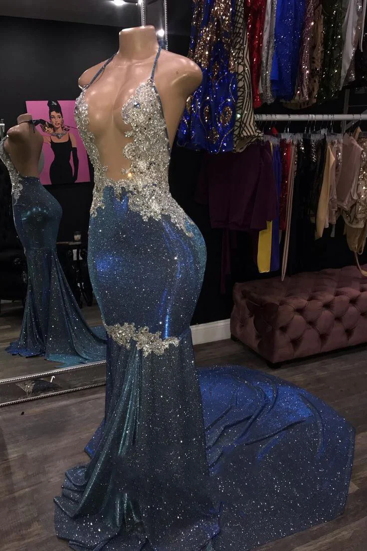 Sheath Blue Open Front Backless Long Halter Prom Dress gh2102