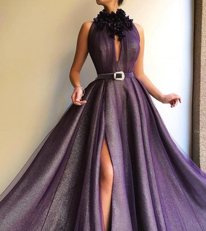 Pretty Halter Long Front Split Purple Prom Dress With Handmade Flower gh2148