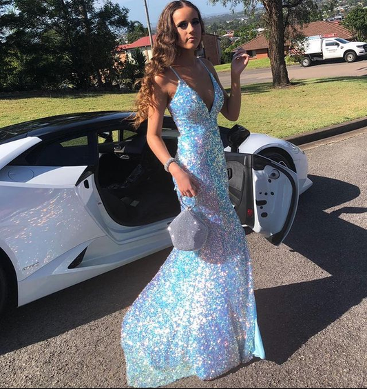 Sparkly Mermaid V Neck Light Blue Sequins Long Prom Dresses with Slit gh2239