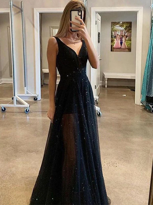 Custom Made A Line V Neck Sparkly Sequins Black Long Prom Dresses,Black V Neck Sequins Long Evening Dresses  gh2292