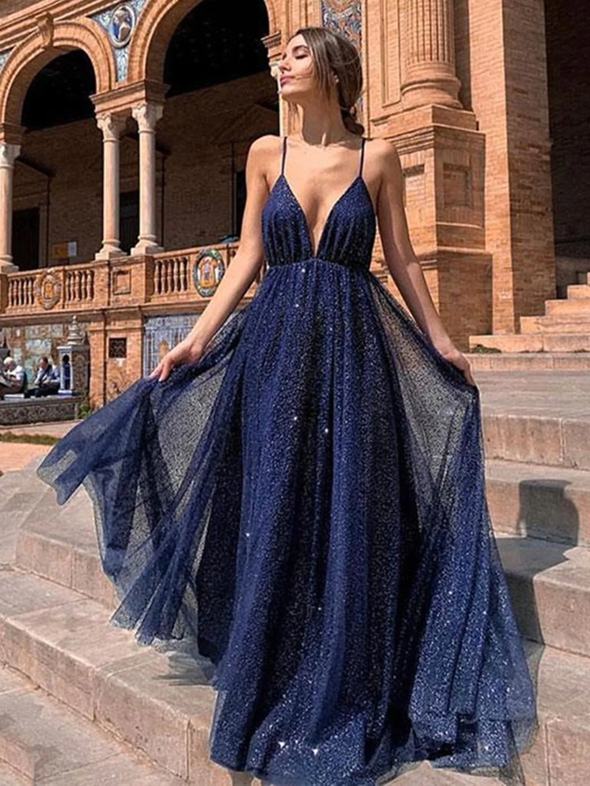 A Line V Neck Backless Blue Prom Dresses, V Neck Blue Backless Formal Graduation Evening Dresses gh2090