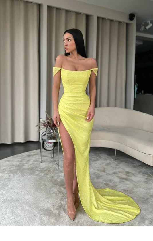 Yellow Off Shoulder Mermaid Side Slit Long Prom Dress With Train,Party Dress,Evening Dress ,Slit Dress gh2381