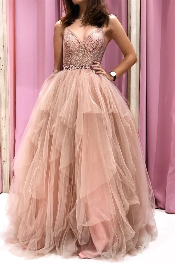Spaghetti Straps Pink Tulle Long Ball Gown gh2543