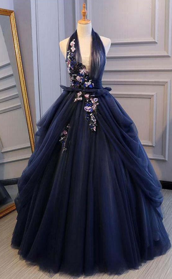 Ball Gown Blue Tulle Lace Long Prom Dresses Deep V Neck Backless Evening Dresses gh2224