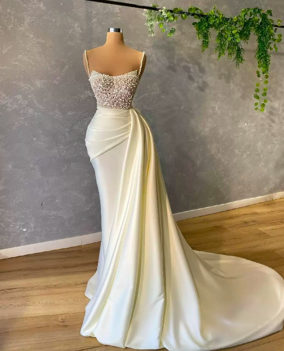 Luxury Pearls Spaghetti Evening Dress Beading Sequins Ruched Prom Gowns Satin Sweep Train Mermaid Party Dresses gh1912