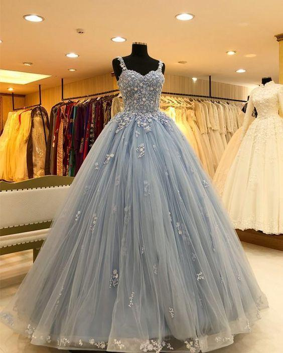 Gorgeous Beading Light Blue Ball Gown Prom Dress with Appliques gh2199