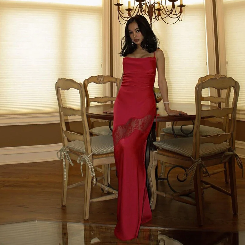 Yellow new lace spaghetti straps sexy backless mid-length elegant satin prom dress evening dress party dress gh1977