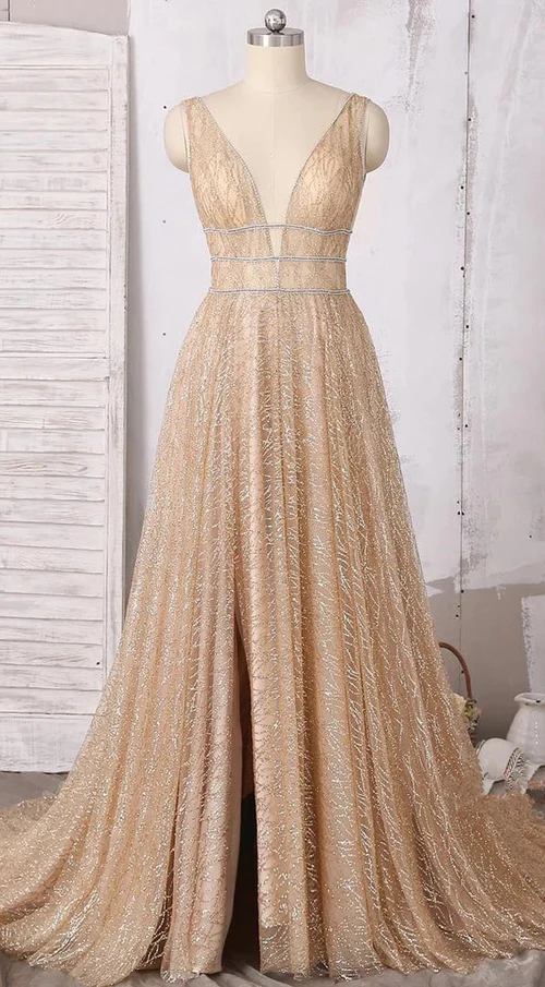 A-line Deep V-neck Sleeveless Sequins Floor-length Prom Dresses, Long Evening Dresses gh2291