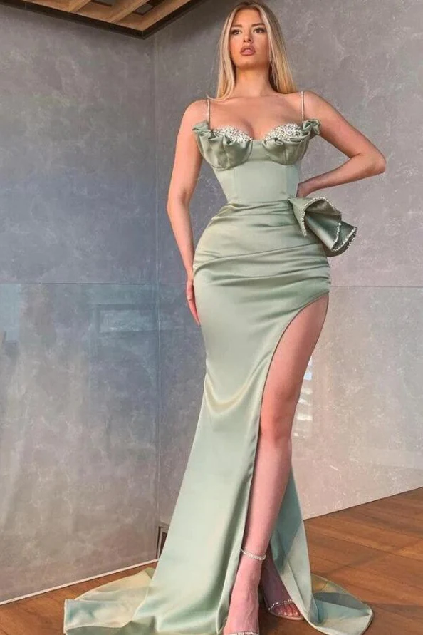 Elegant Dusty Sage Spaghetti Straps Mermaid Prom Dress With Slit gh2392