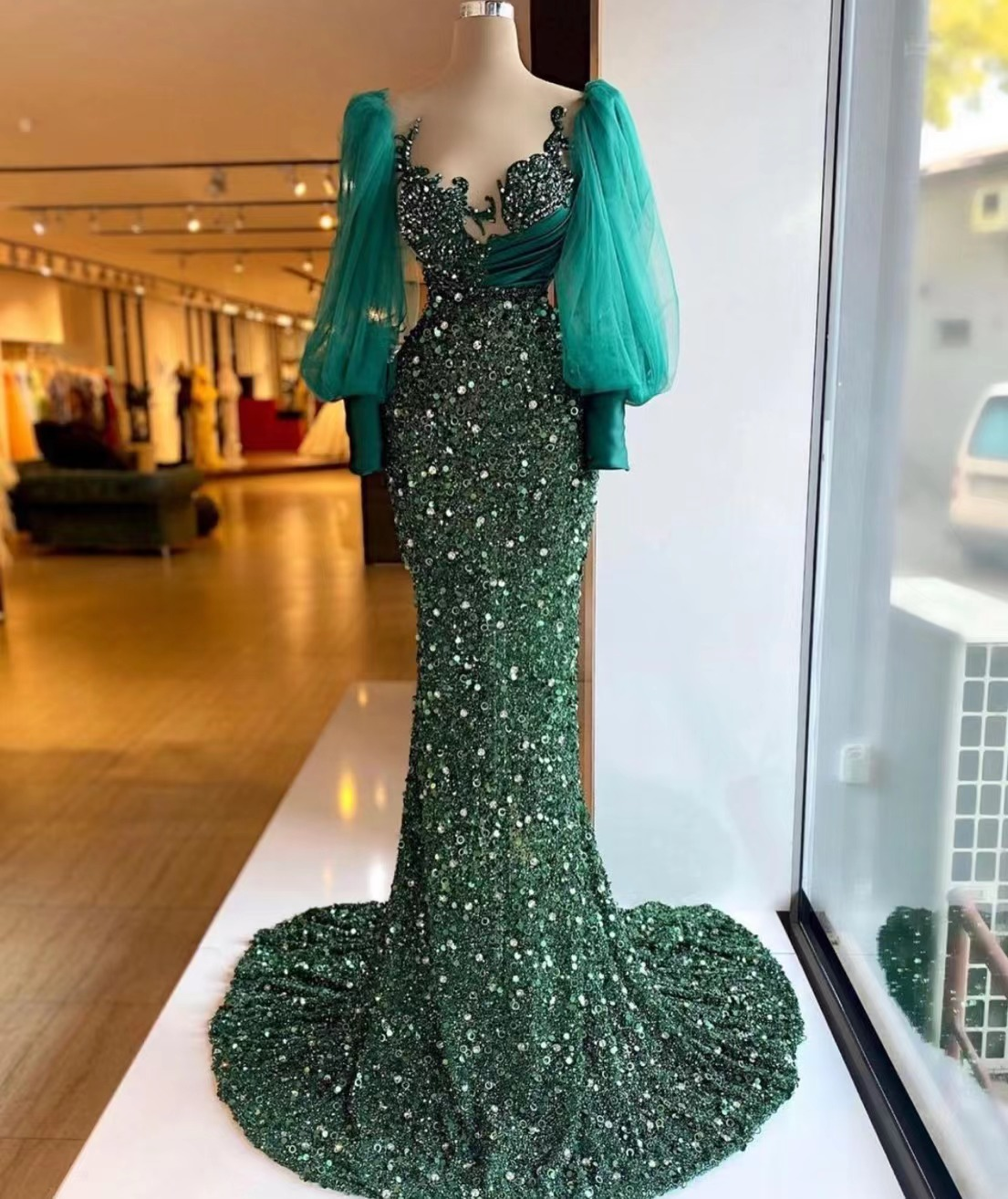 hunter green evening dresses long sleeve modest elegant sparkly mermaid luxury formal party dresses women evening gown gh2364