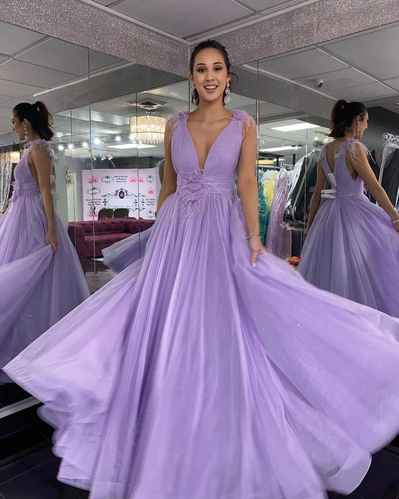 Deep V Neck Purple Tulle Long Prom Dress, Long Lavender Formal Evening Dress gh2220