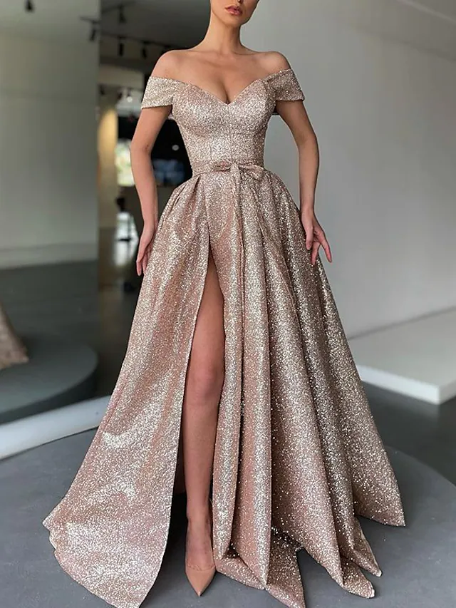 A-Line Evening Dresses Sparkle & Shine Dress Formal Evening Floor Length Short Sleeve V Neck Sequined with Bow gh2120
