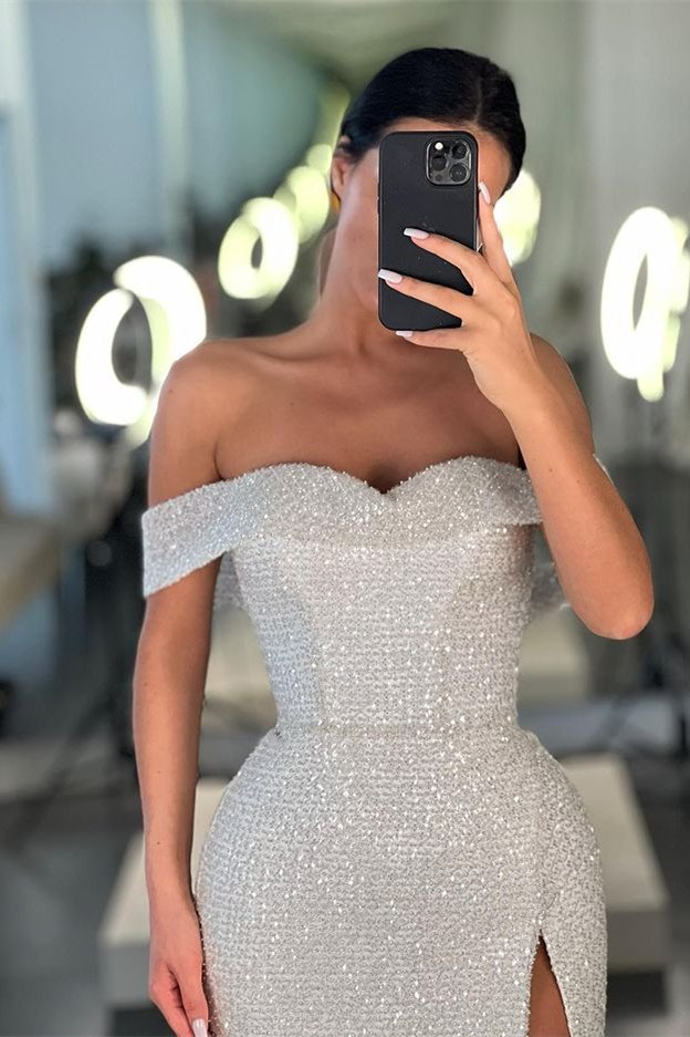 Mermaid White Off-the-Shoulder Sequins Prom Dress With Split  gh2060