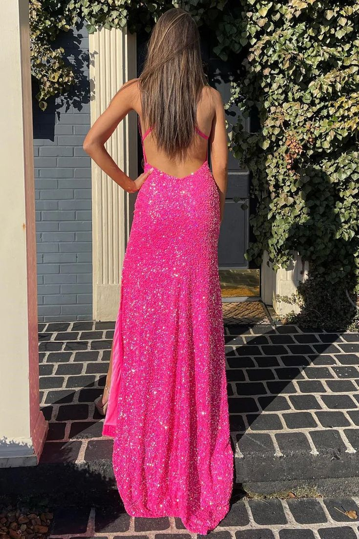 Charming Mermaid V Neck Hot Pink Sequins Long Prom Dresses with Slit gh2512