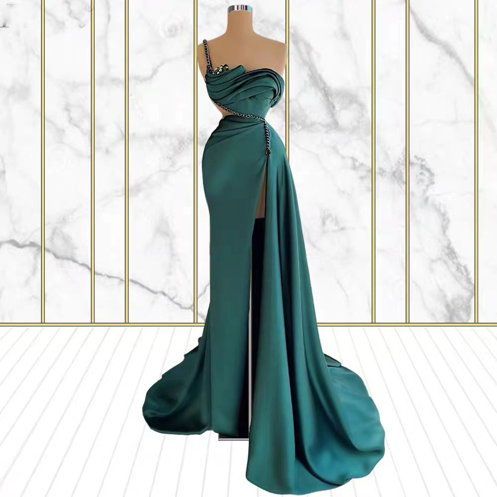 Chic Emerald Green One Shoulder Prom Dress Mermaid Side Slit gh2048