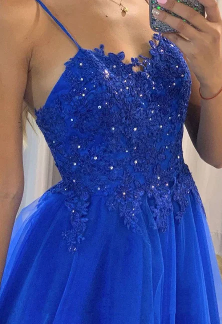 Blue A Line Tulle With Lace Sparkly Beads Long Prom Dress With Train,Party Dress,Evening Dressgh2252