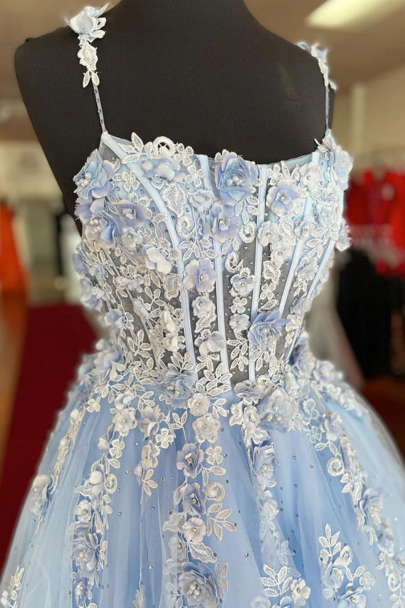 Blue sweetheart tulle lace applique long prom dress lace gown gh2313