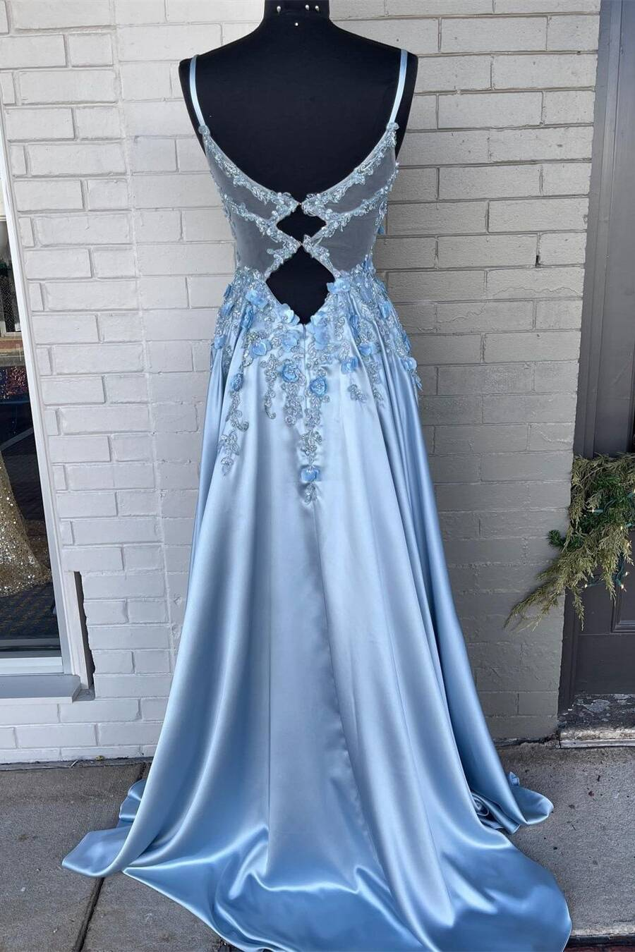 Light Blue A-line 3D Flowers Satin Long Prom Dress gh2304