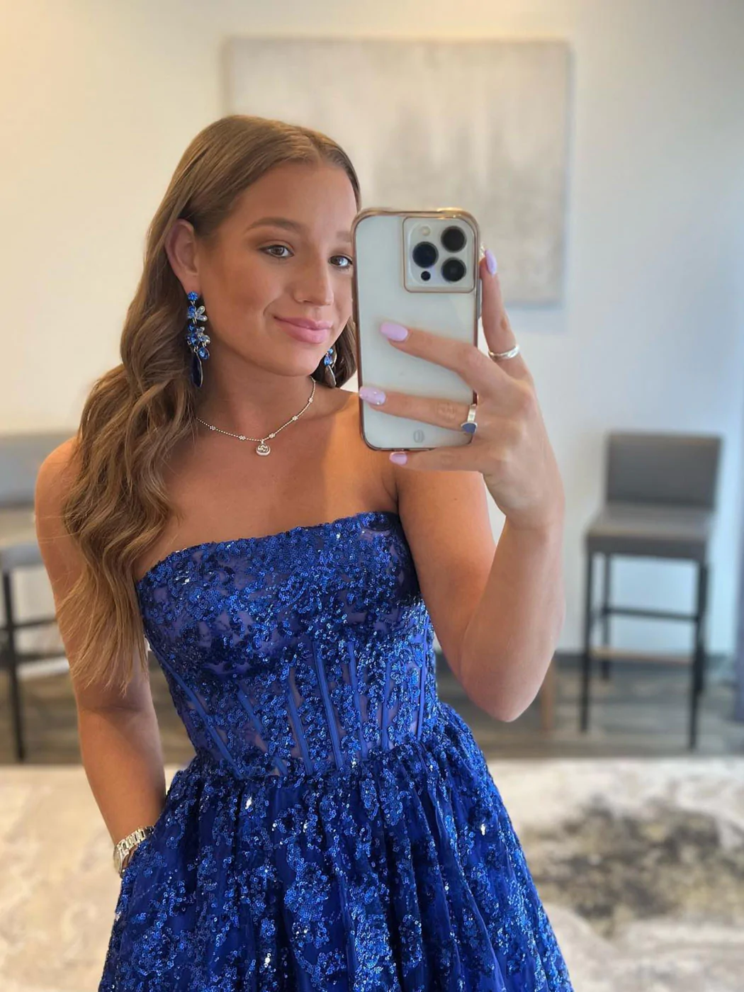 Blue A line tulle sequin long prom dress, blue tulle evening dress gh2213