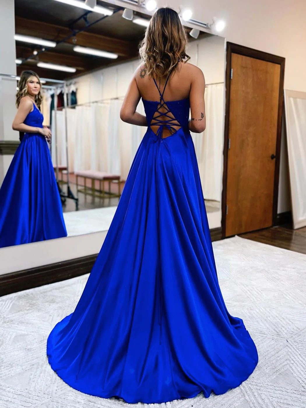 Blue v neck satin lace long prom dress, blue evening dress gh2442