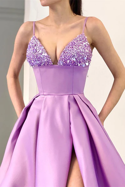LILAC SPAGHETTI-STRAPS SLEEVELESS PROM DRESS SPLIT LONG WITH SEQUINS  gh2034