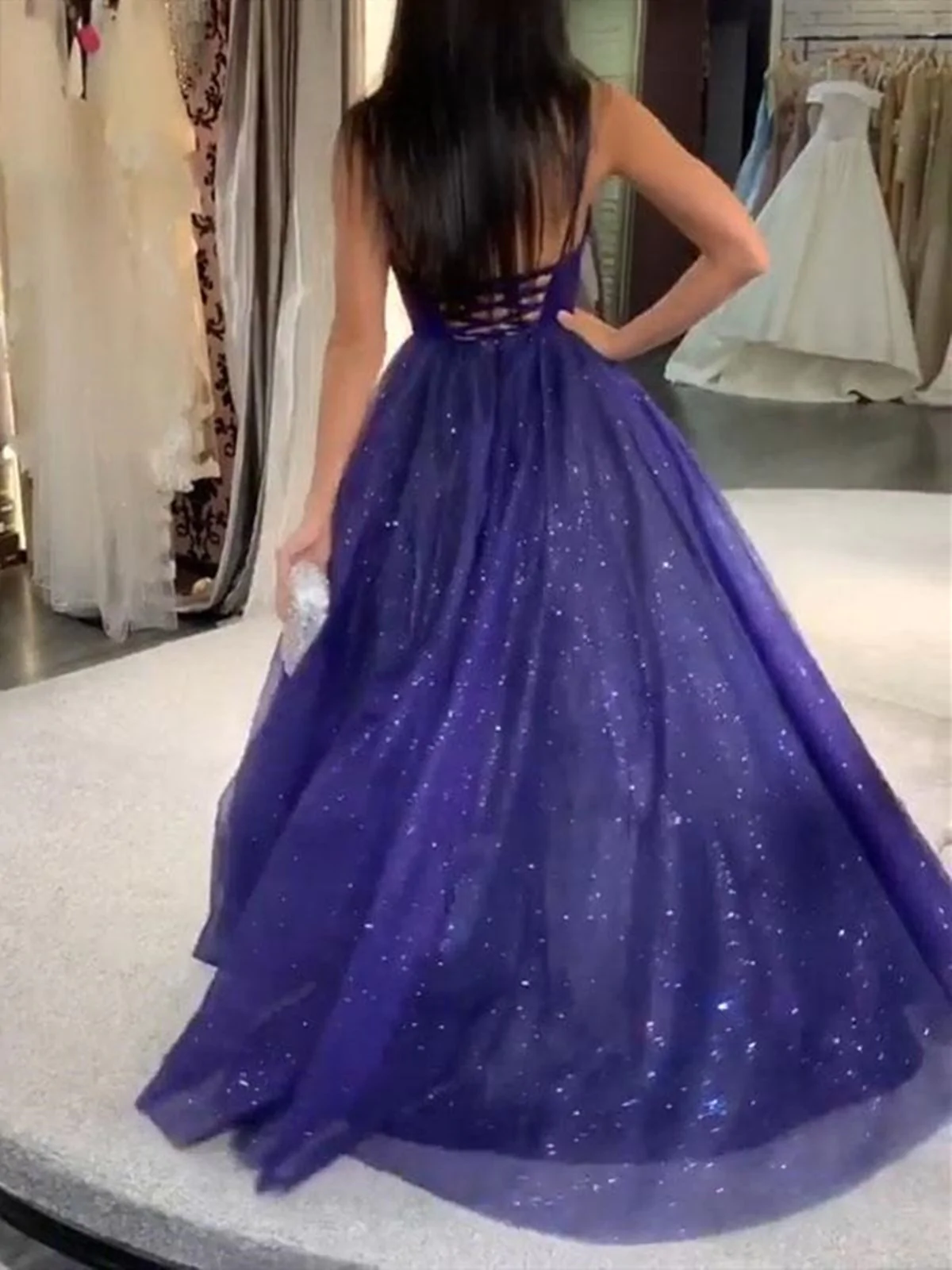 Shiny V Neck Blue Long Prom Dresses, Bling Bling Blue Long Formal Evening Dresses gh2170