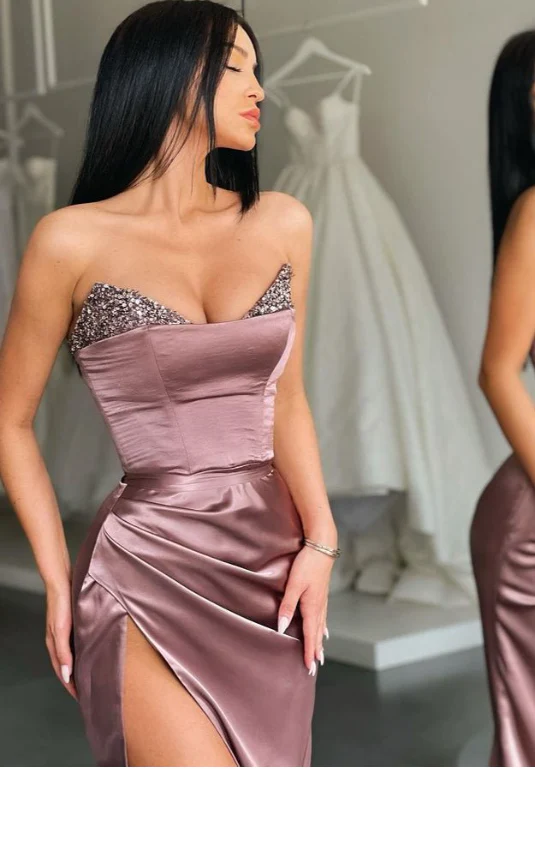Strapless Sparkly Sequins Mermaid Side Slit Long Prom Dress With Train,Party Dress,Evening Dress ,Slit Dress gh2393