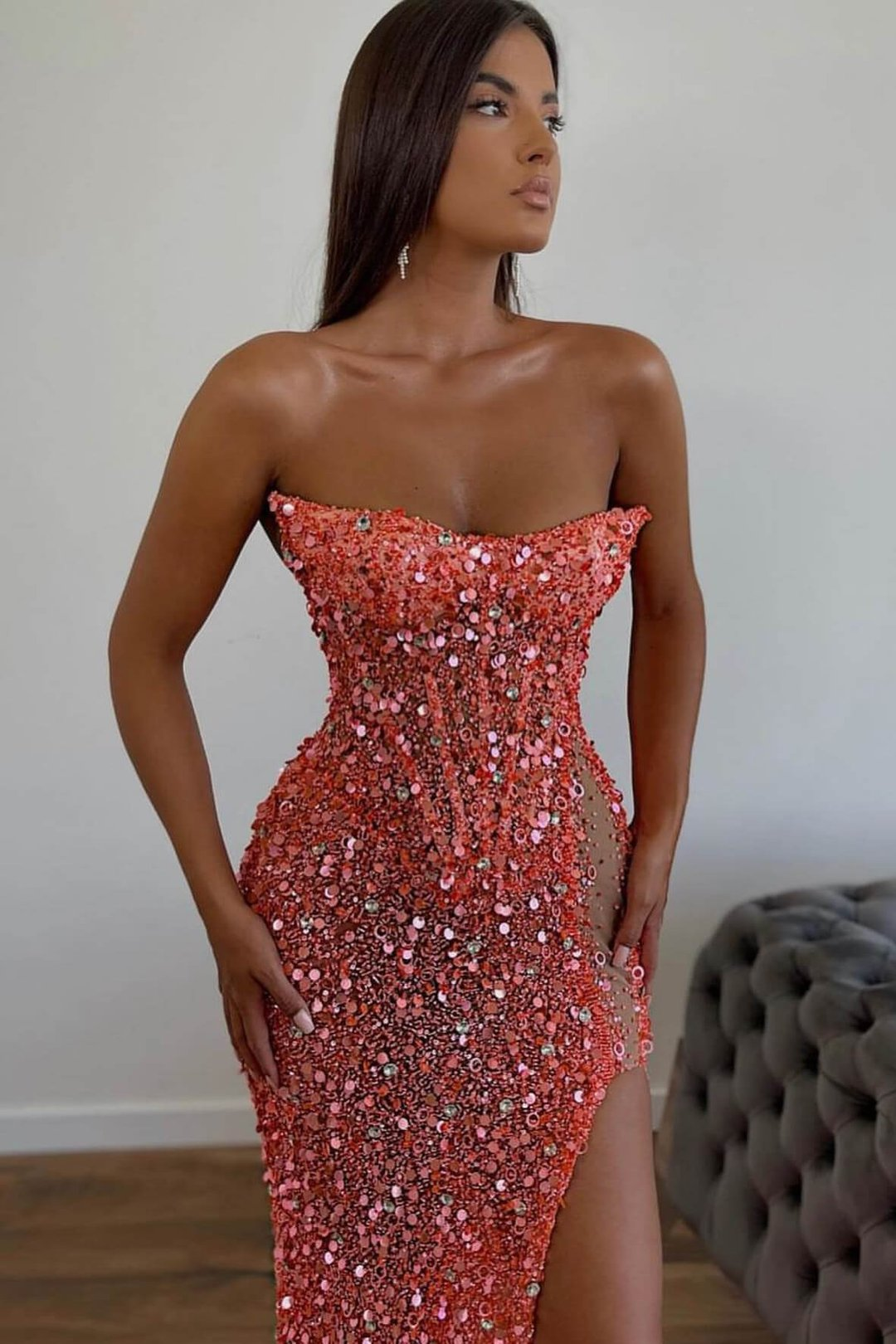 Orange Gorgeous Sequins Mermaid Sweetheart Prom Dress Split With Sleeveless  gh2049