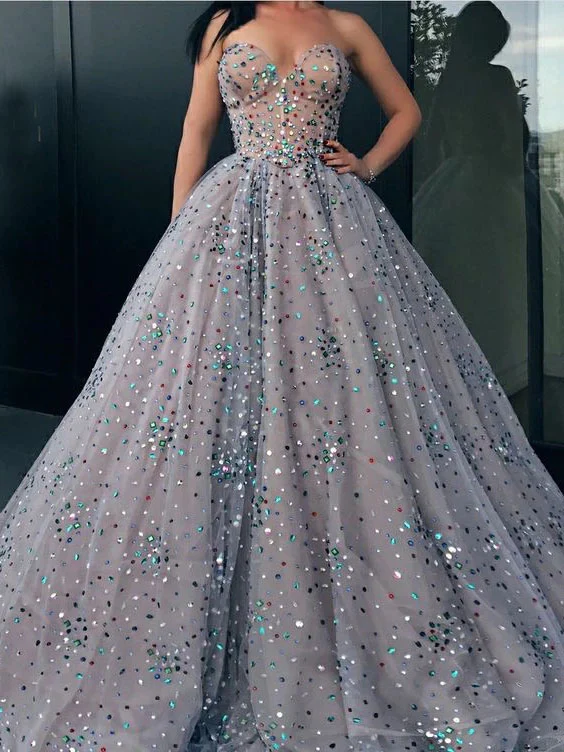Princess Strapless Sweetheart Beads Ball Gown Rhinestone Prom Dress with Long Sparkly gh2329