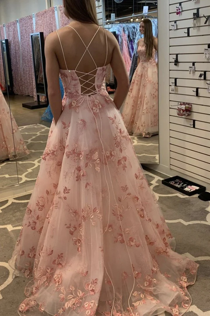 Pink tulle lace long ball gown dress A line evening dress gh2276