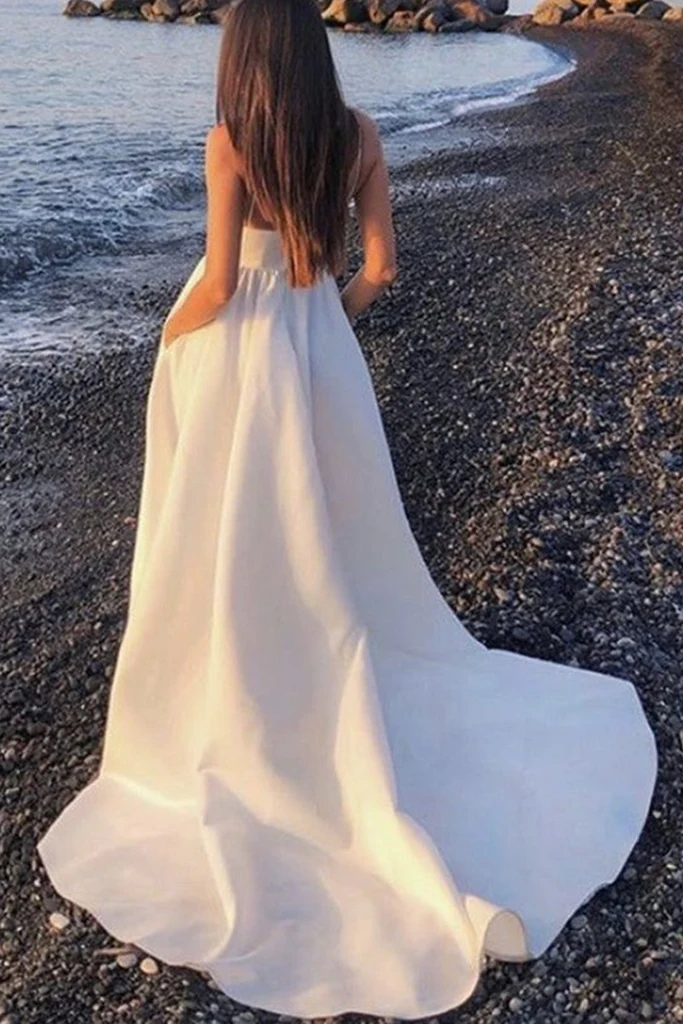 V Neck Open Back White Long Prom Dress with High Slit, V Neck White Formal Graduation Evening Dress gh2125