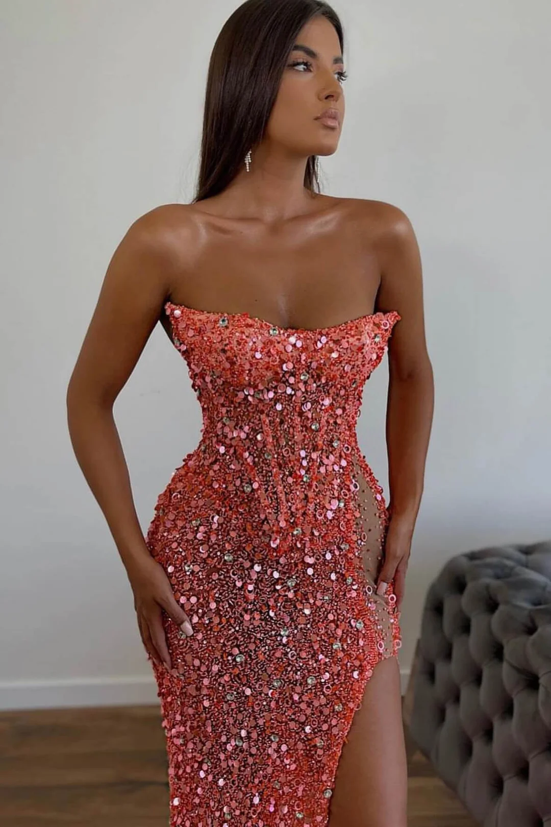 Pink Luxury Glitter Off-shoulder Sleeveless Long Sequins Mermaid Sexy Side Slit Prom Gown Evening Dress Formal Party Dress gh2465