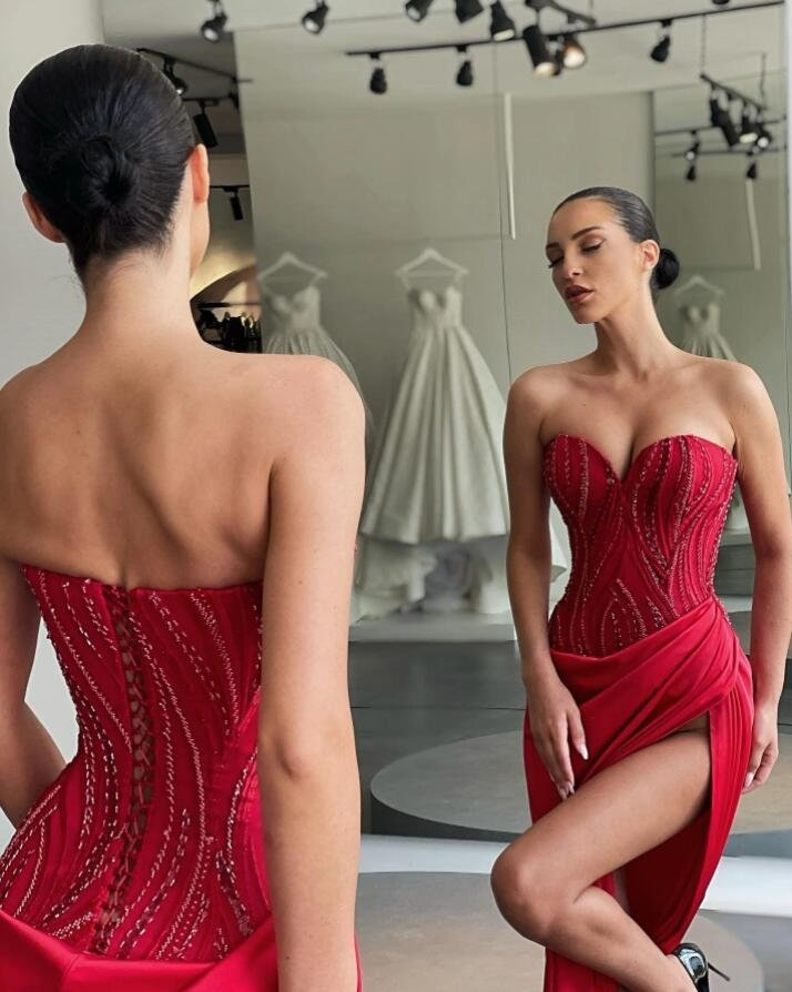 Classic Red Sweetheart Mermaid Prom Dress Split Long With Beadings gh1923
