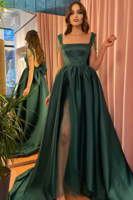 Modest Green A-Line Square Neckline Straps Prom Dresses with Slit gh2374