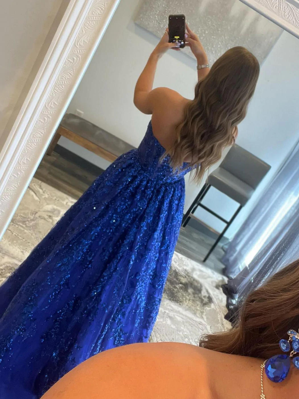 Blue A line tulle sequin long prom dress, blue tulle evening dress gh2213
